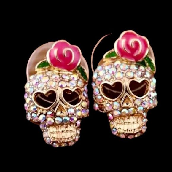 Vintage Rhinestone Crystal Skeleton Skull Earrings Fashion Punk Ear Jewelry - Picture 1 of 5